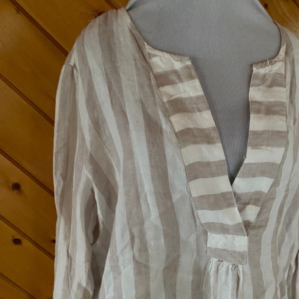 Antibes Blanc Women XL Beige White Striped 100% Linen V-Neck Tunic Blouse